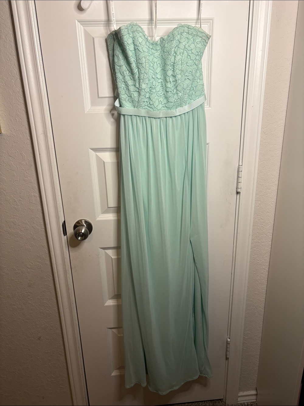 David's Bridal Strapless Lace Bodice Maxi Dress in Mint Green